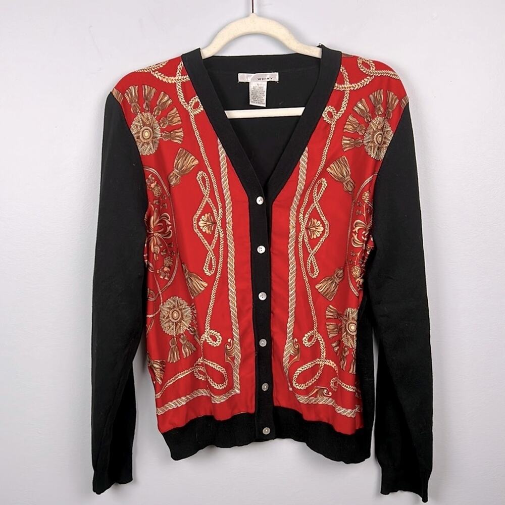 WD·NY Red Scarf Print Cardigan Sweater Black Knit Gold Tassel V-Neck Size L